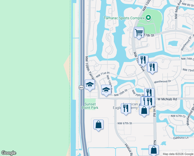 map of restaurants, bars, coffee shops, grocery stores, and more near 10731 Northwest 71st Court in Tamarac