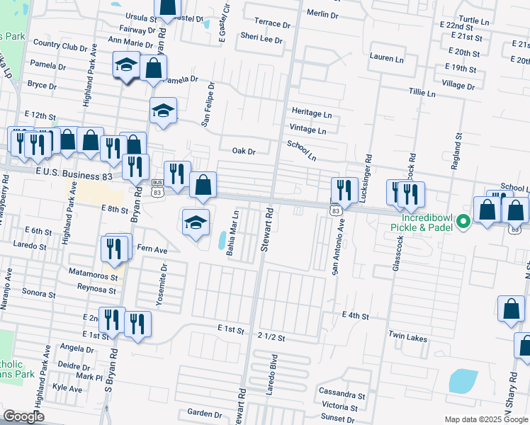 map of restaurants, bars, coffee shops, grocery stores, and more near a4 North Laguna Lane in Mission