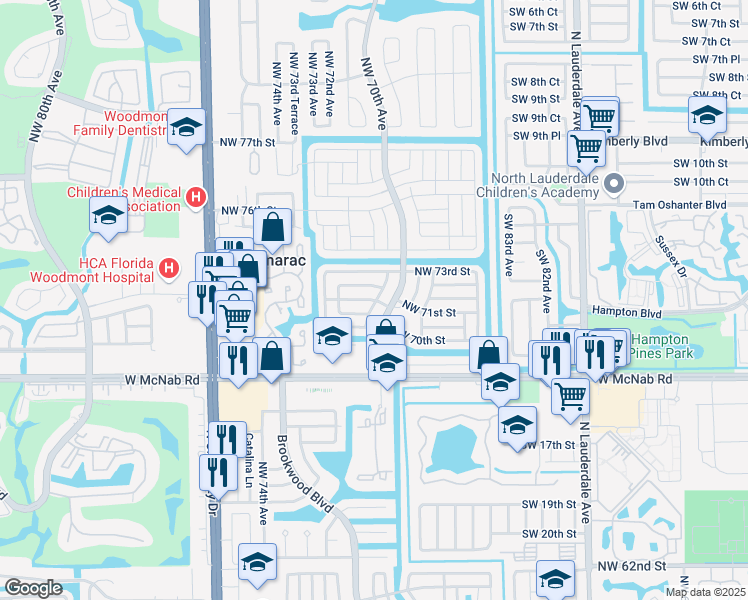 map of restaurants, bars, coffee shops, grocery stores, and more near 7006 Northwest 71st Avenue in Tamarac