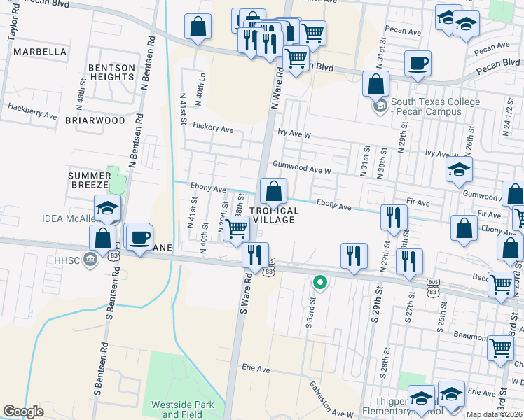 map of restaurants, bars, coffee shops, grocery stores, and more near 309 North 36th Lane in McAllen