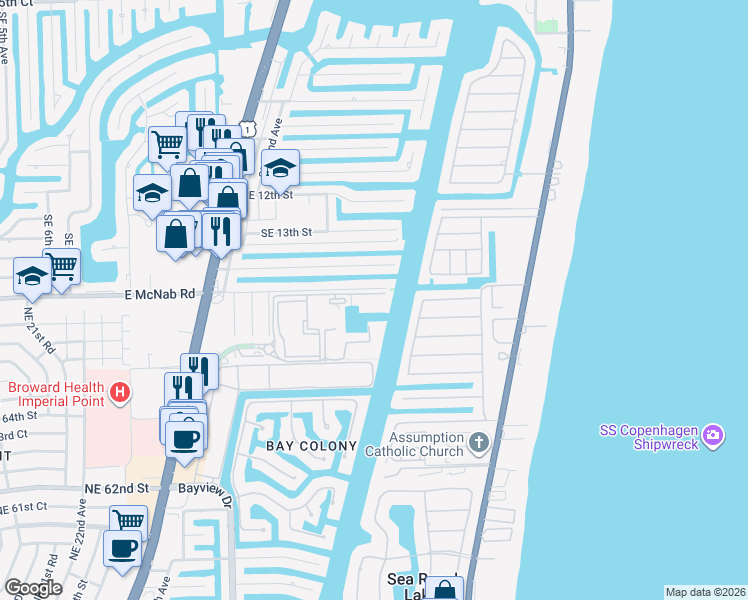 map of restaurants, bars, coffee shops, grocery stores, and more near 3300 Port Royale Drive North in Fort Lauderdale