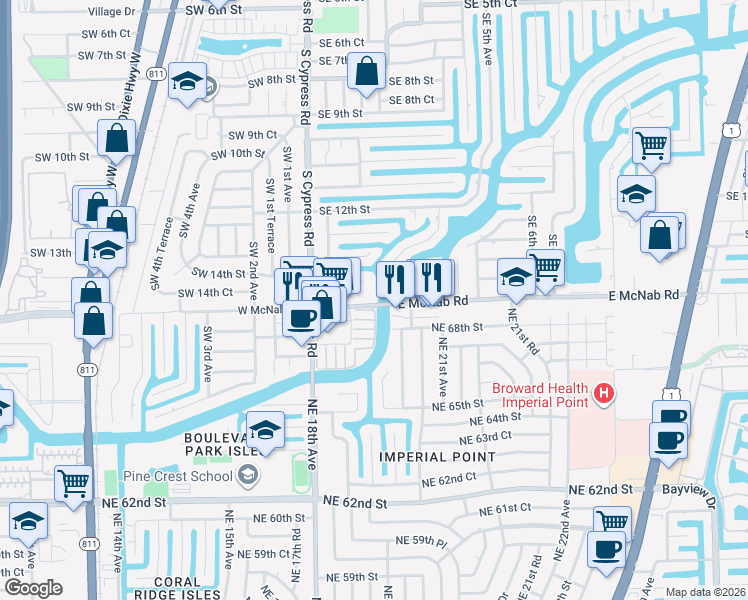map of restaurants, bars, coffee shops, grocery stores, and more near 140 East McNab Road in Pompano Beach
