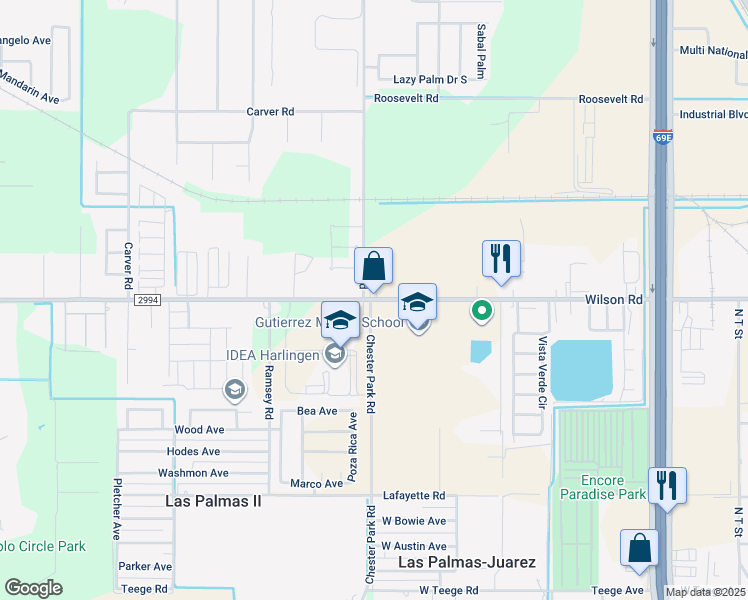 map of restaurants, bars, coffee shops, grocery stores, and more near 3205 Wilson Road in Harlingen