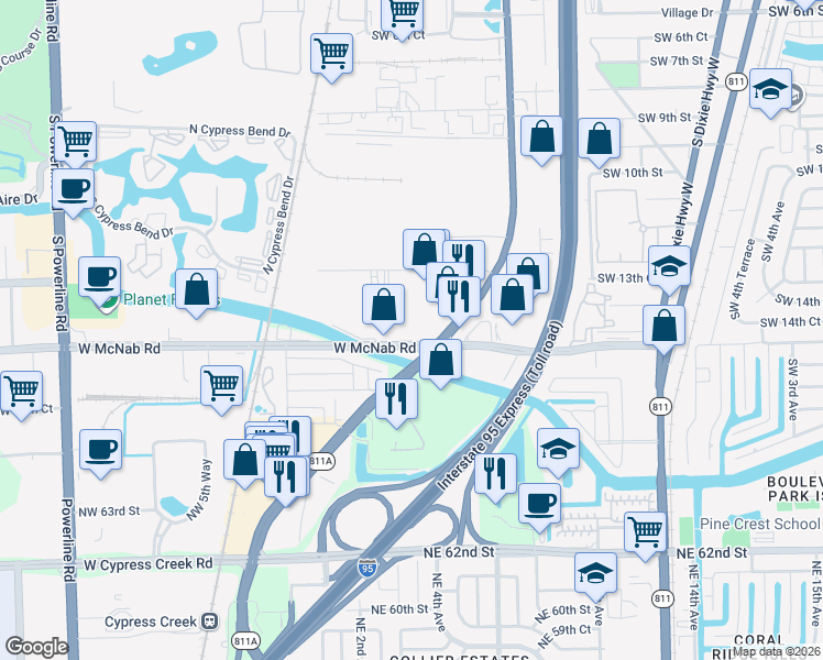 map of restaurants, bars, coffee shops, grocery stores, and more near 1401 West McNab Road in Pompano Beach