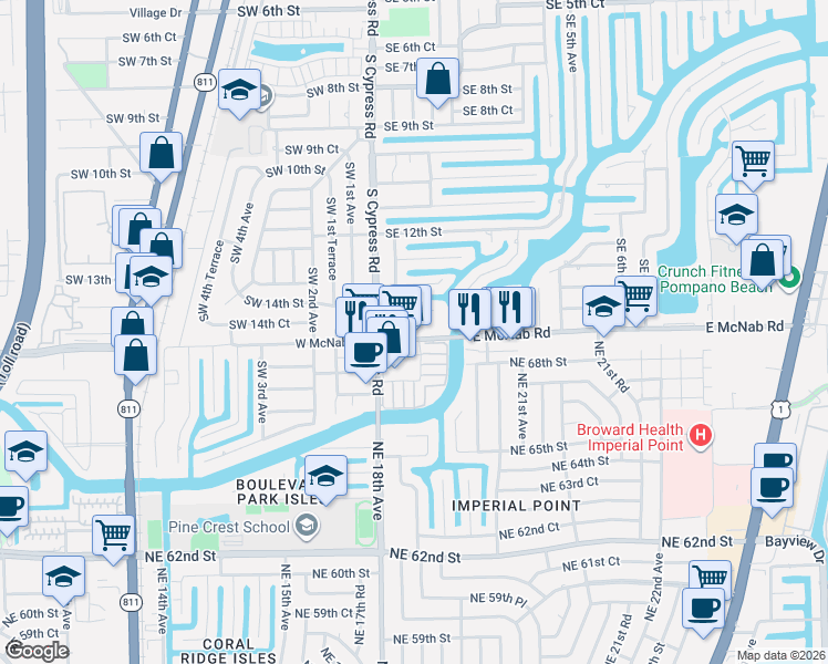 map of restaurants, bars, coffee shops, grocery stores, and more near 140 East McNab Road in Pompano Beach