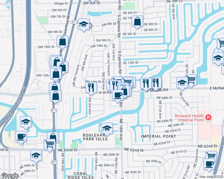 map of restaurants, bars, coffee shops, grocery stores, and more near 140 Southwest 15th Street in Pompano Beach
