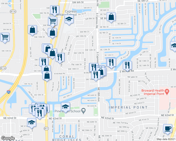 map of restaurants, bars, coffee shops, grocery stores, and more near 201 West McNab Road in Pompano Beach
