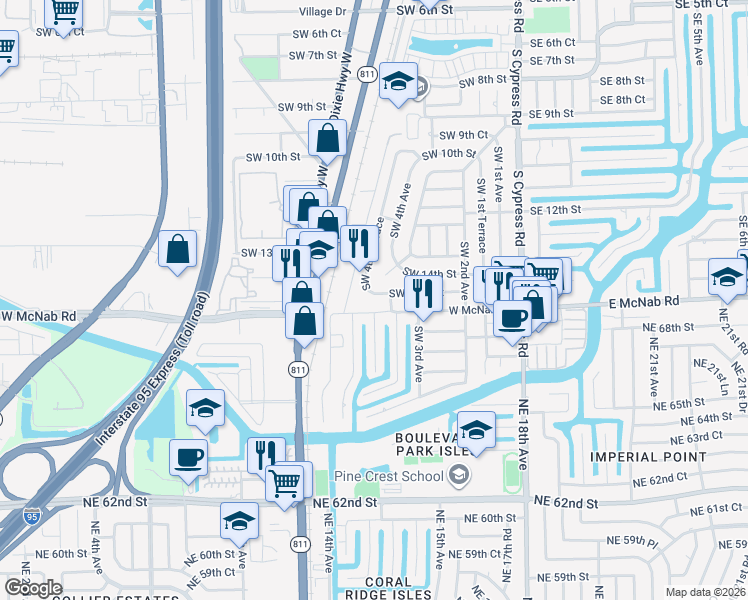 map of restaurants, bars, coffee shops, grocery stores, and more near 501 Southwest 15th Street in Pompano Beach