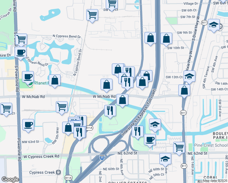 map of restaurants, bars, coffee shops, grocery stores, and more near 1401 West McNab Road in Pompano Beach