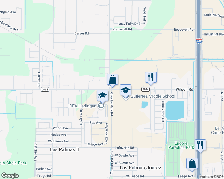 map of restaurants, bars, coffee shops, grocery stores, and more near Chester Park Road in Harlingen