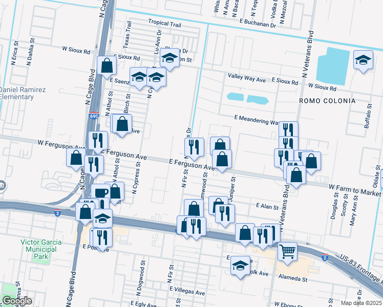 map of restaurants, bars, coffee shops, grocery stores, and more near 801 West Ferguson Street in Pharr
