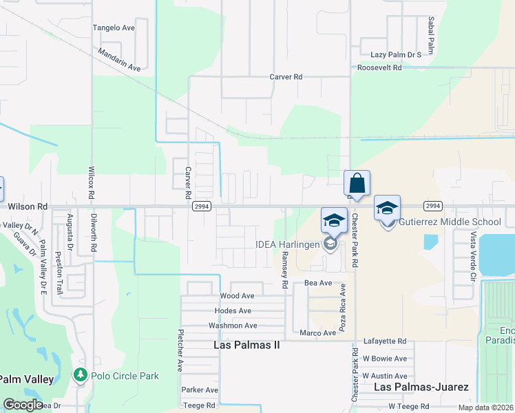 map of restaurants, bars, coffee shops, grocery stores, and more near 16615-16621 Wilson Road in Harlingen