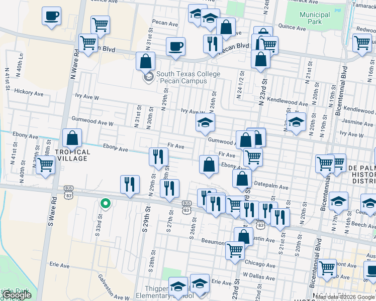 map of restaurants, bars, coffee shops, grocery stores, and more near 2708 Ebony Avenue in McAllen