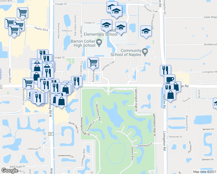 map of restaurants, bars, coffee shops, grocery stores, and more near 100150 Kensington High Street in Naples