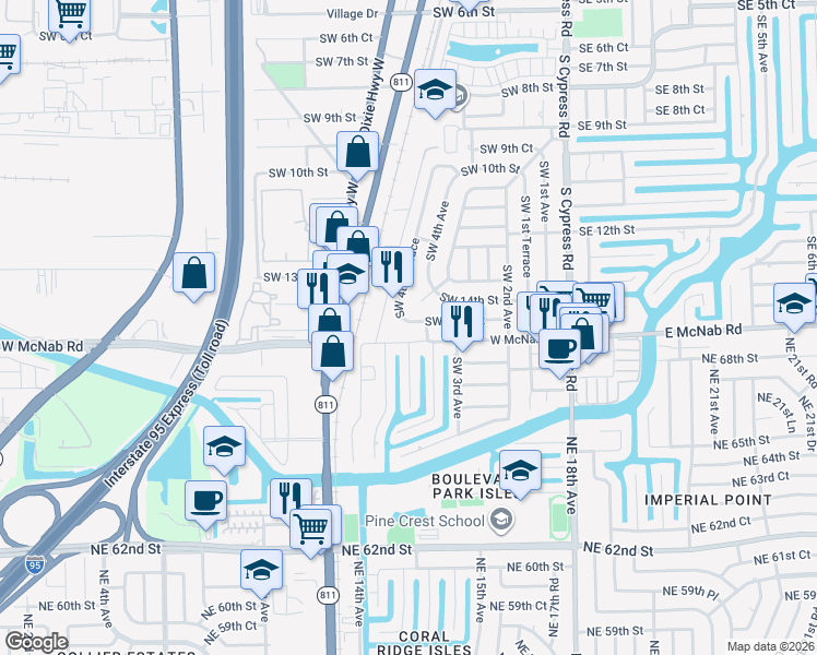 map of restaurants, bars, coffee shops, grocery stores, and more near 501 Southwest 15th Street in Pompano Beach