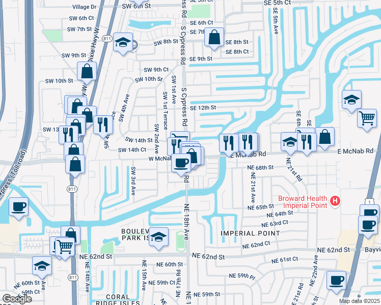 map of restaurants, bars, coffee shops, grocery stores, and more near 50 East McNab Road in Pompano Beach