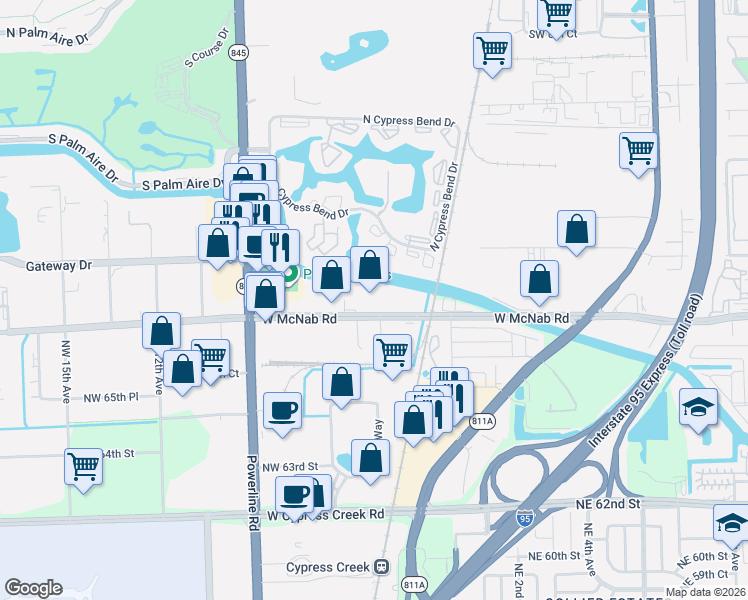 map of restaurants, bars, coffee shops, grocery stores, and more near 2025 West McNab Road in Pompano Beach