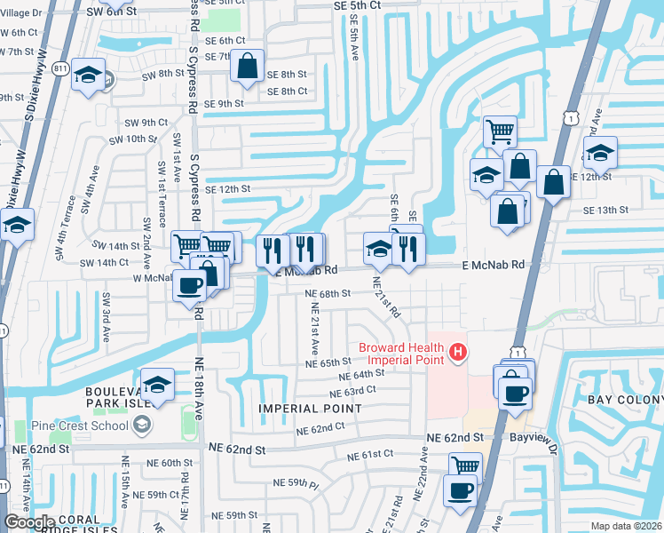 map of restaurants, bars, coffee shops, grocery stores, and more near 470-510 East McNab Road in Pompano Beach