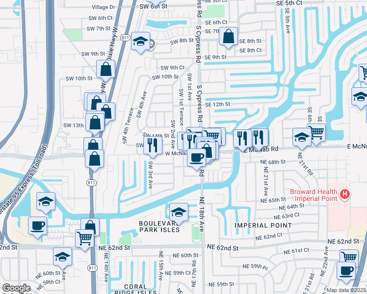 map of restaurants, bars, coffee shops, grocery stores, and more near 140 Southwest 15th Street in Pompano Beach