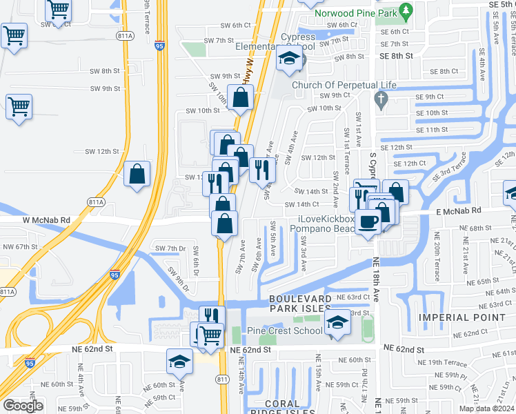 map of restaurants, bars, coffee shops, grocery stores, and more near 501 Southwest 15th Street in Pompano Beach