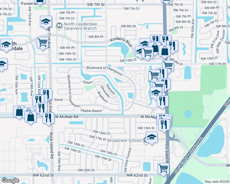 map of restaurants, bars, coffee shops, grocery stores, and more near 1365 Seaview in North Lauderdale