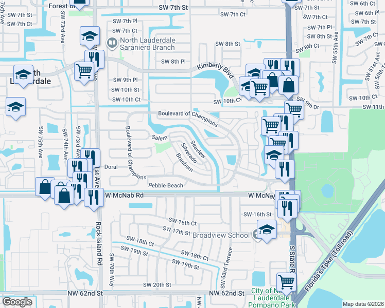 map of restaurants, bars, coffee shops, grocery stores, and more near 1342 Silverado in North Lauderdale