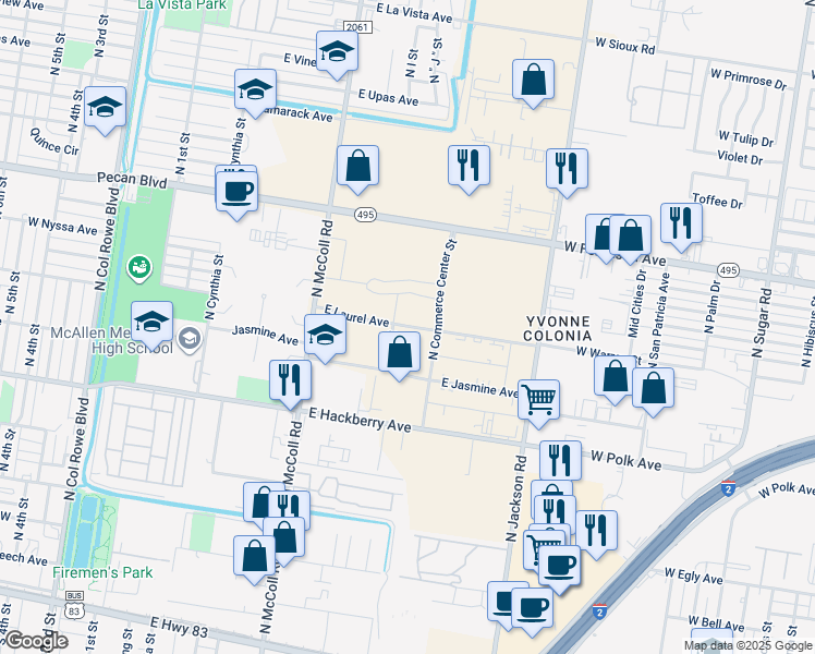 map of restaurants, bars, coffee shops, grocery stores, and more near 900 East Laurel Avenue in McAllen