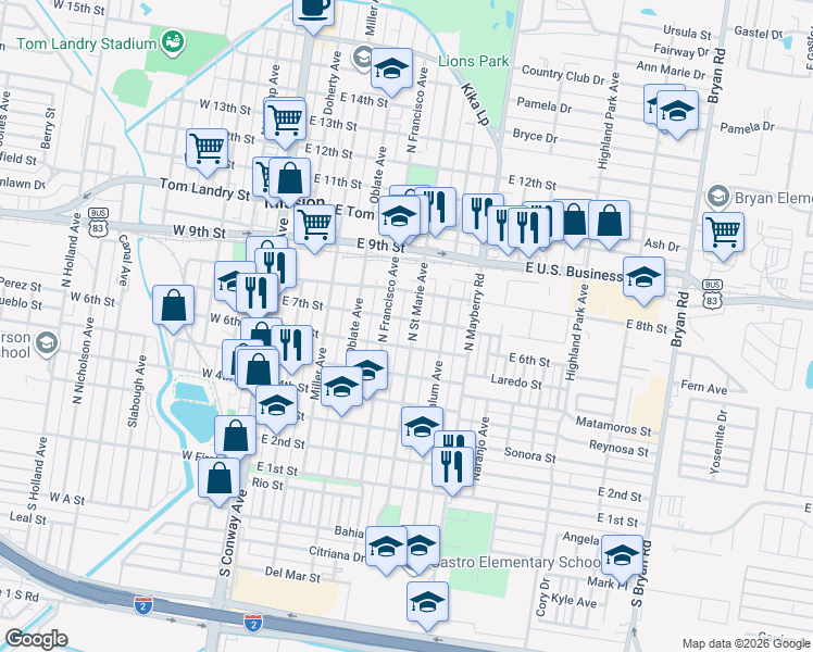 map of restaurants, bars, coffee shops, grocery stores, and more near 606 North Saint Marie Street in Mission