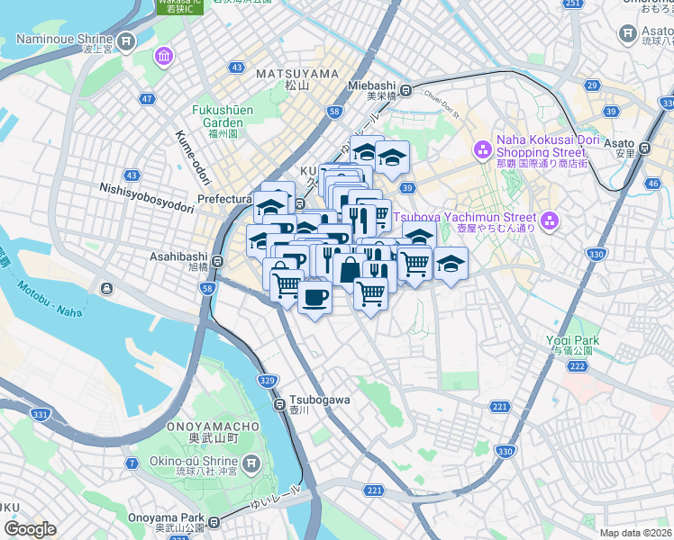 map of restaurants, bars, coffee shops, grocery stores, and more near  in Naha