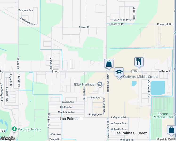 map of restaurants, bars, coffee shops, grocery stores, and more near 16631 Wilson Rd in Harlingen
