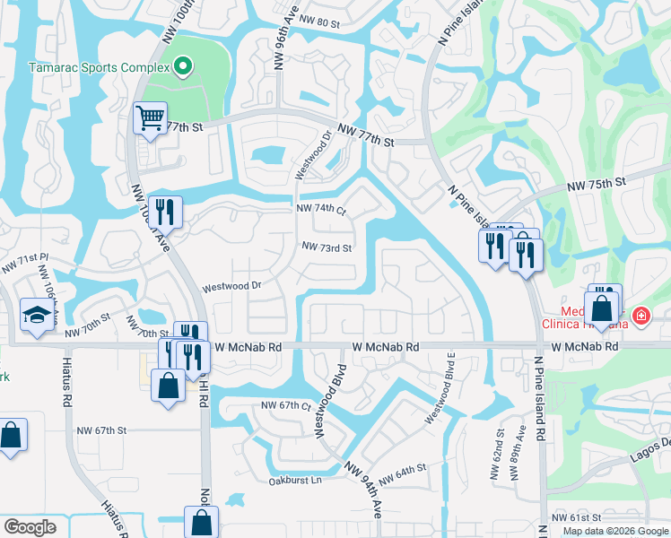 map of restaurants, bars, coffee shops, grocery stores, and more near 9416 Northwest 72nd Court in Tamarac