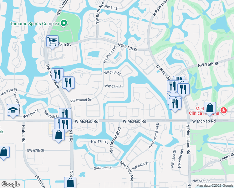 map of restaurants, bars, coffee shops, grocery stores, and more near 9500 Northwest 72nd Street in Tamarac