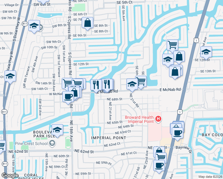 map of restaurants, bars, coffee shops, grocery stores, and more near 342 East McNab Road in Pompano Beach