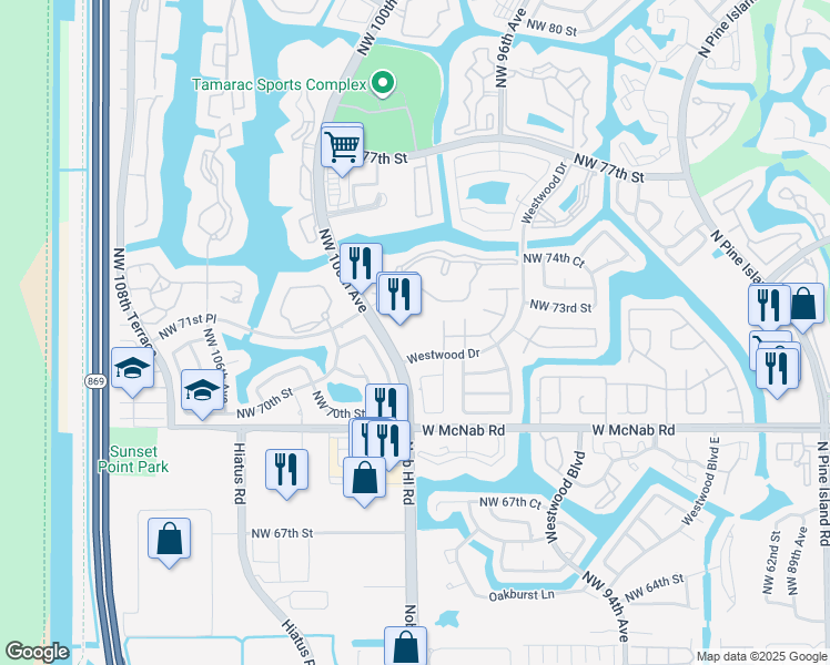 map of restaurants, bars, coffee shops, grocery stores, and more near 7126 Westwood Drive in Tamarac
