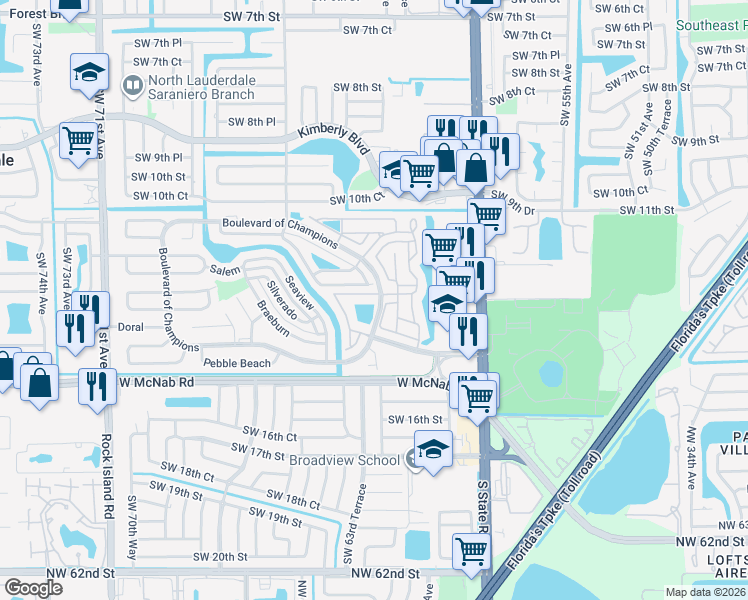 map of restaurants, bars, coffee shops, grocery stores, and more near 307 Bishop Road in North Lauderdale