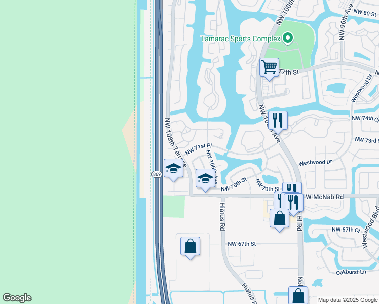 map of restaurants, bars, coffee shops, grocery stores, and more near 10731 Northwest 71st Court in Tamarac