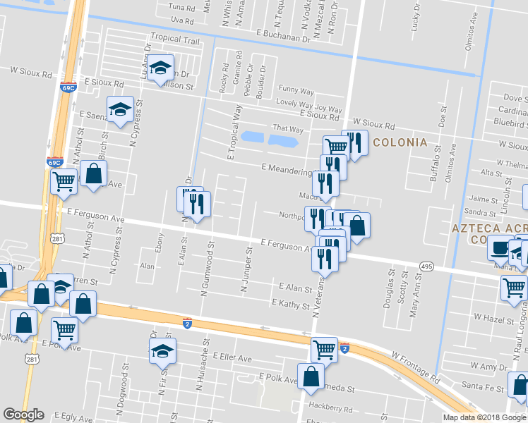 map of restaurants, bars, coffee shops, grocery stores, and more near 1101 Northpoint Drive in Pharr