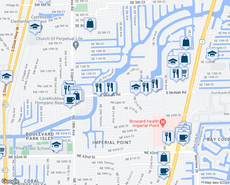 map of restaurants, bars, coffee shops, grocery stores, and more near 342 East McNab Road in Pompano Beach