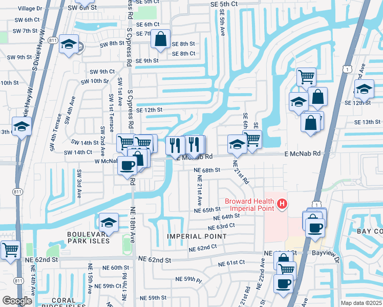 map of restaurants, bars, coffee shops, grocery stores, and more near 342 East McNab Road in Pompano Beach