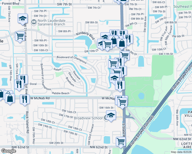 map of restaurants, bars, coffee shops, grocery stores, and more near 307 Bishop Road in North Lauderdale