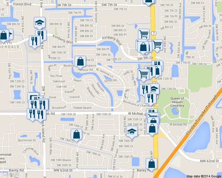 map of restaurants, bars, coffee shops, grocery stores, and more near 1365 Seaview in North Lauderdale