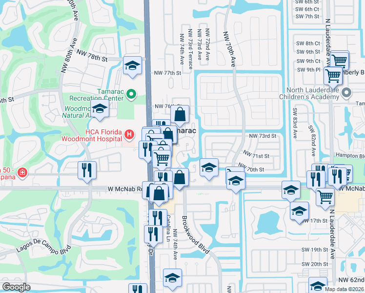 map of restaurants, bars, coffee shops, grocery stores, and more near 7151 Wisteria Way in Tamarac