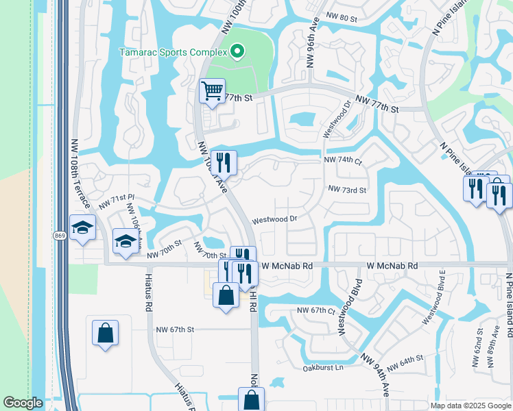 map of restaurants, bars, coffee shops, grocery stores, and more near 7126 Westwood Drive in Tamarac