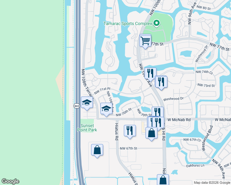 map of restaurants, bars, coffee shops, grocery stores, and more near 7112 Northwest 106th Avenue in Tamarac