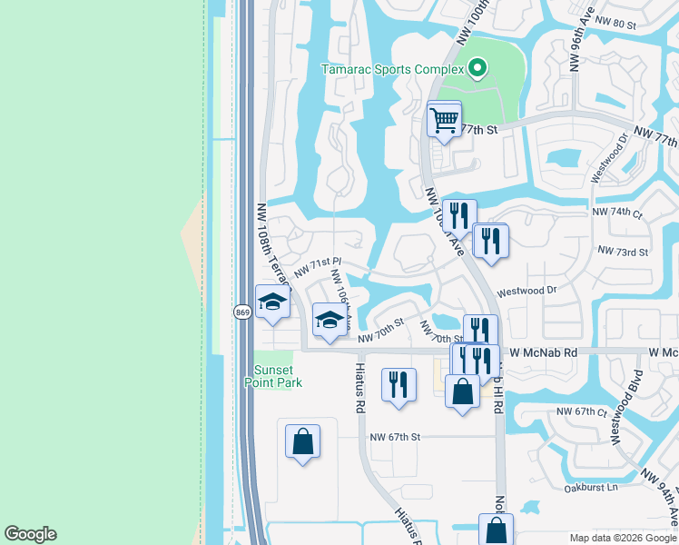 map of restaurants, bars, coffee shops, grocery stores, and more near 7112 Northwest 106th Avenue in Tamarac