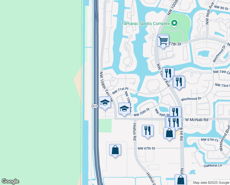map of restaurants, bars, coffee shops, grocery stores, and more near 10731 Northwest 71st Court in Tamarac