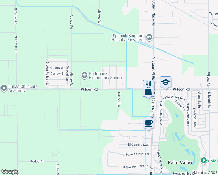 map of restaurants, bars, coffee shops, grocery stores, and more near 16184 Wilson Road in Harlingen