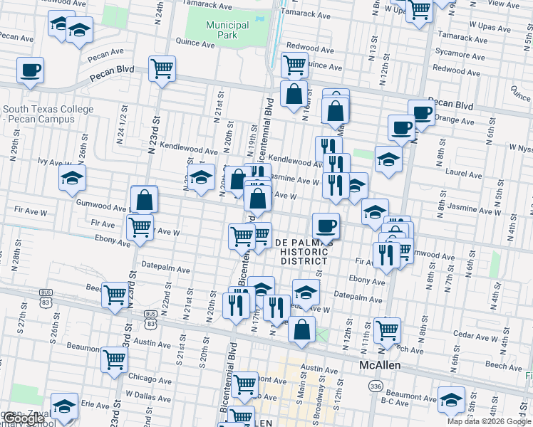 map of restaurants, bars, coffee shops, grocery stores, and more near 704 North 17th Street in McAllen