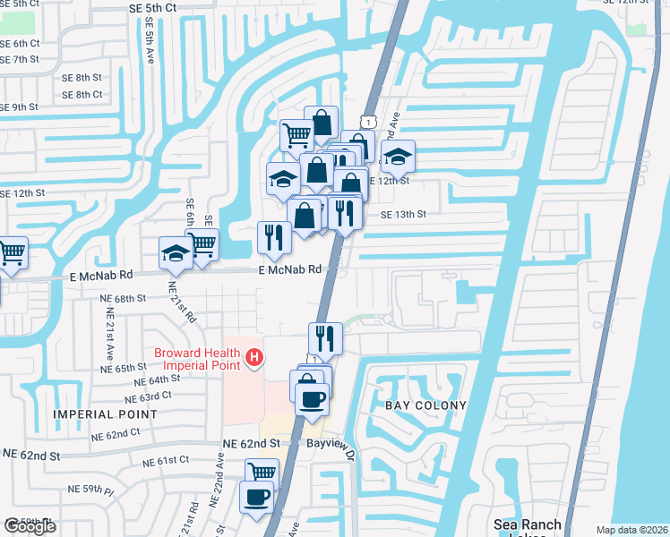 map of restaurants, bars, coffee shops, grocery stores, and more near 1600 Southeast 15th Street in Pompano Beach