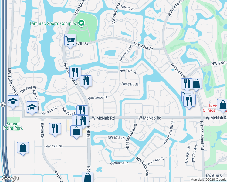 map of restaurants, bars, coffee shops, grocery stores, and more near 9784 Malvern Drive in Tamarac